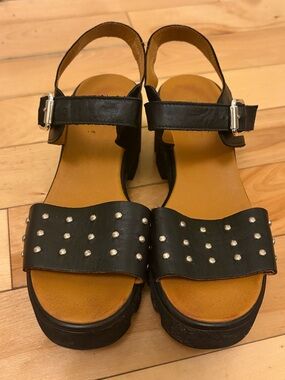 Black Studded Leather Platform Sandals